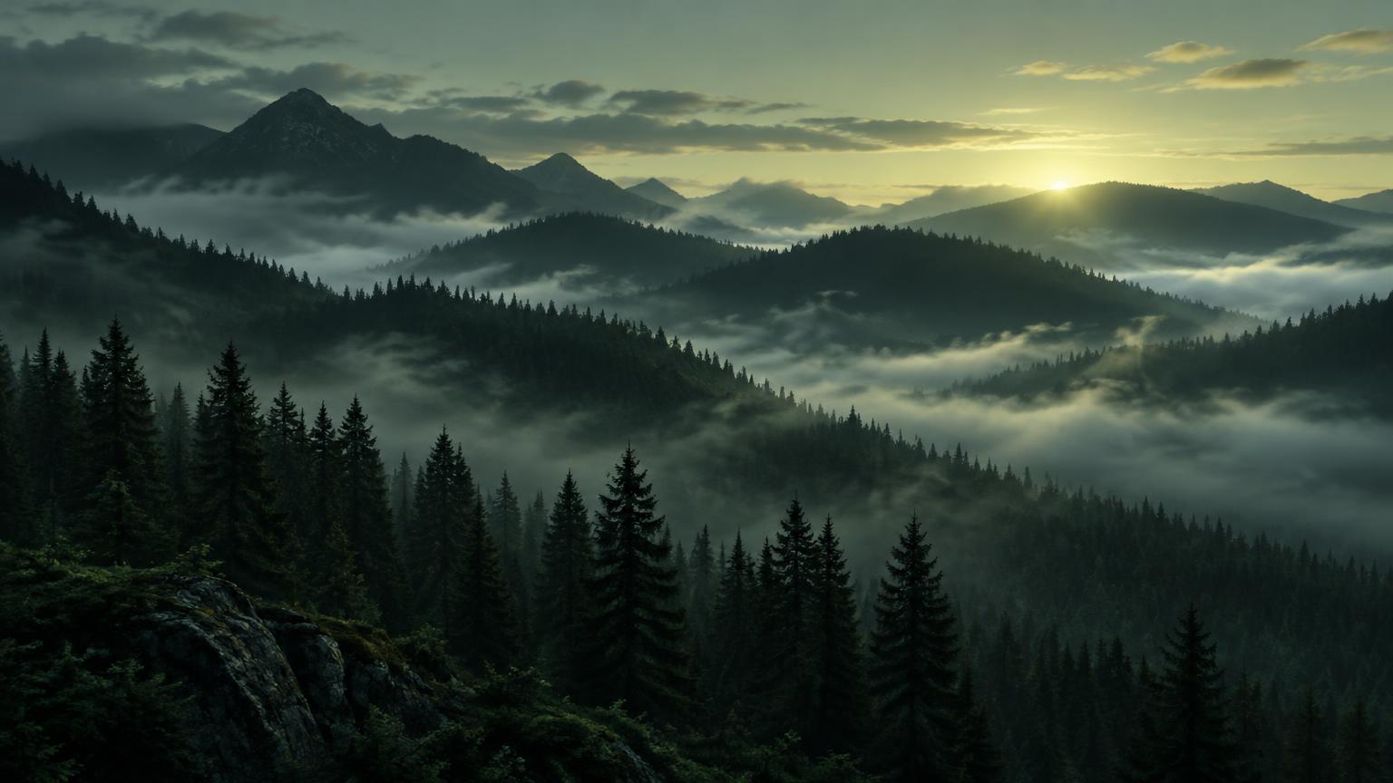 Misty pine forest ridges at dawn