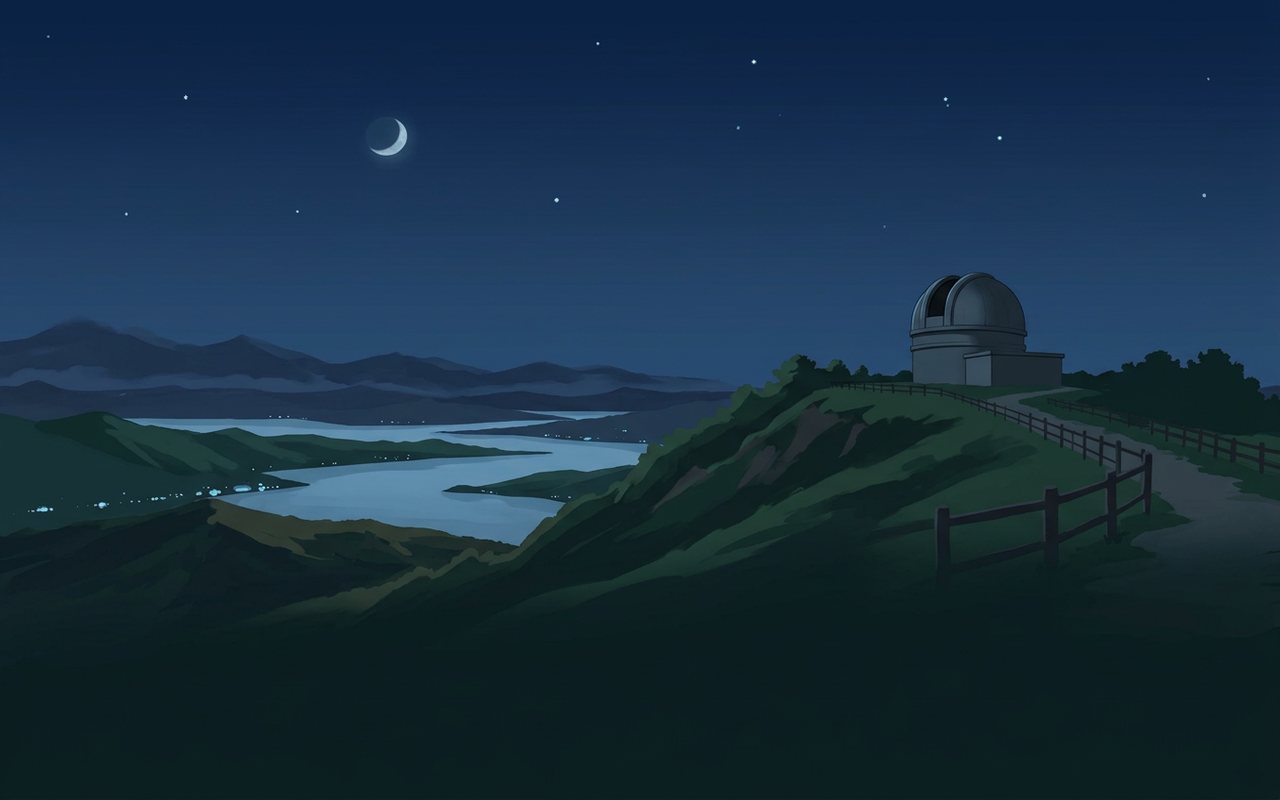 Anime-style observatory under a starry sky with a ringed planet