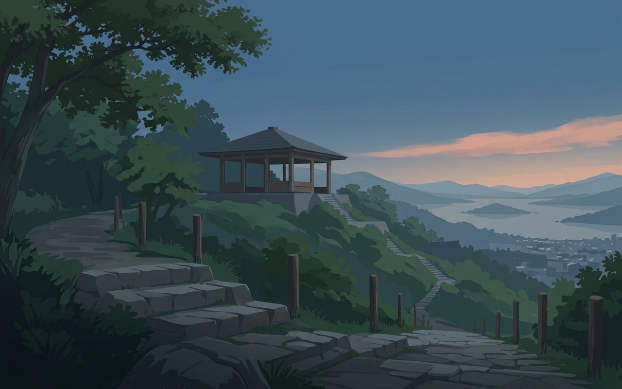 Anime-style hilltop temple at sunset